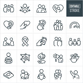 A set of charitable giving icons that include editable strokes or outlines using the EPS vector file. The icons include donations, people in need, needy, poor, awareness ribbon, charity and relief work, recipient, heart, love, concern, family, giving, goal, fellowshipping, arm around shoulder, gift, money, high five, hug and volunteer to name a few.