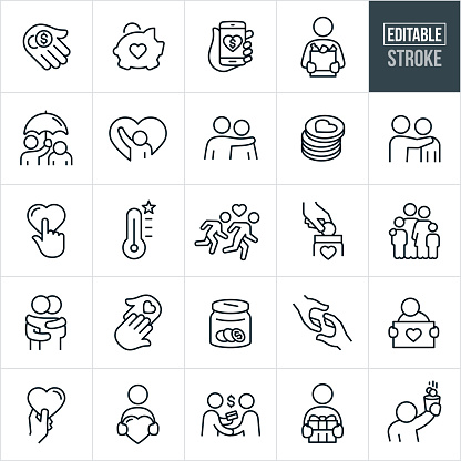 A set of charitable giving icons that include editable strokes or outlines using the EPS vector file. The icons include a hand giving a monetary donation, piggy bank with heart, donation given using smartphone, person giving bag of groceries, person holding an open umbrella over the head of another person, person with arm around another person, coins with a heart, online charitable donation, raising money, charitable giving goal, hand putting coins in a donation jar, family of four, two people hugging, donation jar with coins, hand reaching out to another hand, charity race benefit, person holding a heart shape, person giving donation using a credit card, person giving a gift and a person receiving coins in a cup as a donation.