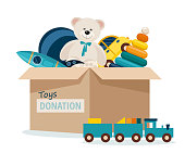 Charitable toys donation for kids. Toys donations box isolated on white background. Vector Illustration