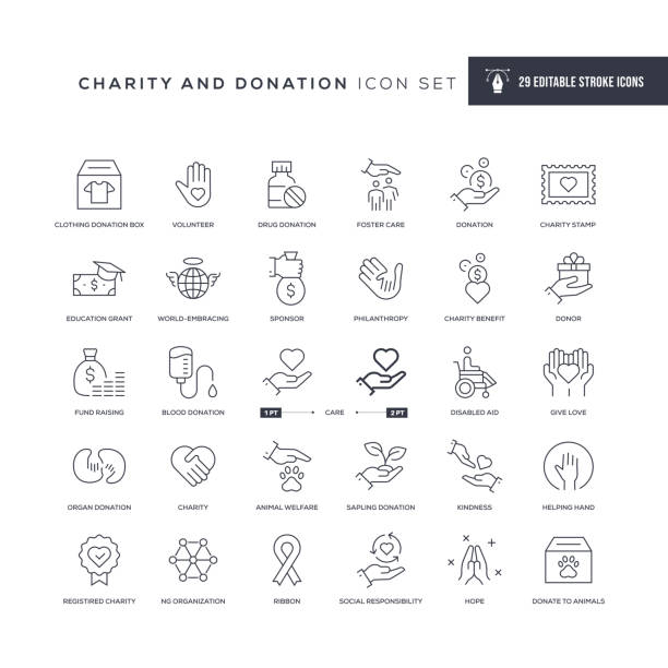 charity ve bağış düzenlenebilir vuruş hattı simgeleri - editable stroke stock illustrations
