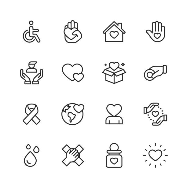 ikony linii dobroczynnej i darowizny. edytowalny obrys. pixel perfect. dla urządzeń mobilnych i sieci web. zawiera takie ikony jak miłość, dawstwo, niepełnosprawność, dawstwo, krwiodawstwo, praca zespołowa. - disability stock illustrations