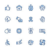 16 indigo and blue Charity & Donation icons set #85
Pixel perfect icon 48x48 pх, outline stroke 2 px.

First row of  icons contains:
Thumbs Up, Heart in House, Piggy Bank, Heart Protection;

Second row contains: 
Thunderstorm, Credit Card Payment, Awareness Ribbon, A Helping Hand;

Third row contains: 
Blood Donation, Buoy, Praying, Donation Click; 

Fourth row contains: 
Disabled Sign, Coins in hand, Globe with heart, Four hands.

Complete Indigico collection - https://www.istockphoto.com/collaboration/boards/t5bVQfKvf0a-h6WHcFLuIg