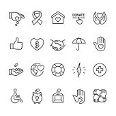20 Outline style black and white icons / Set #45 / Charity and Relief / 

First row of icons contains:
Giving money, Awareness Ribbon, house of mercy, Click on Donate button , Love and care;

Second row contains:
Thumbs Up, Heart with dollar sign, Handshake, Insurance, Hand with heart (Volunteer);

Third row contains:
Coins in hand, Globe with Heart, Ring buoy, Thunderstorm (incident icon), Medical Cross; 

Fourth row contains:
Disabled Sign, Piggy Bank, Donation Box, Human hand holding child's hand, Mutual support.

Pixel Perfect Principle - all the icons are designed in 64x64px grid, outline stroke 2px.

Complete Unico PRO collection - https://www.istockphoto.com/collaboration/boards/dB-NuEl7GUGbQYmVq9IlDg