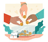 Charity concept with the hands of diverse people donating cash into a charity box, colored vector illustration