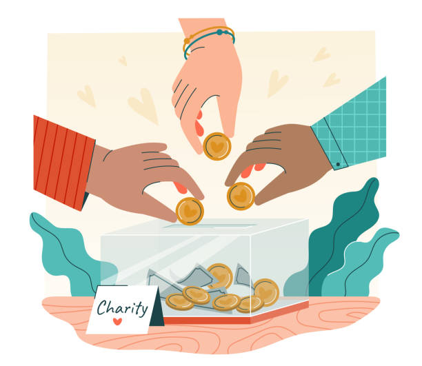 현금을 기부하는 사람들과 자선 개념 - 기부함 일러스트 stock illustrations