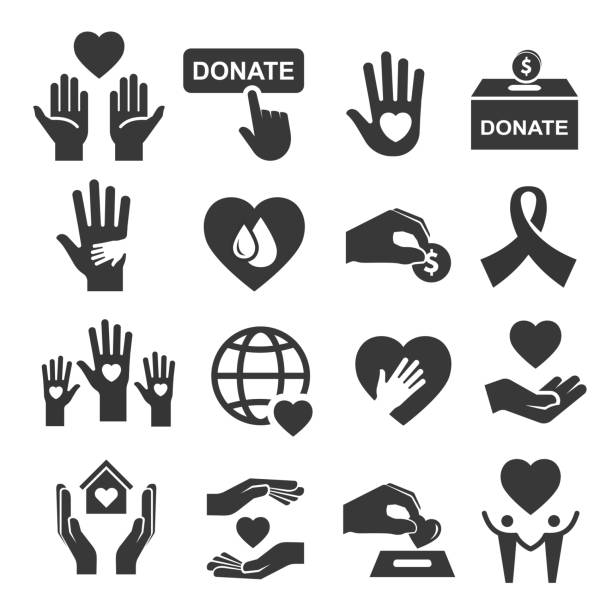 Charity donation and help symbol icon set Charity donation and help symbol icon set. Organization image, money to help people, sick, poor, with disability. Vector line art illustration on white background hand icons stock illustrations