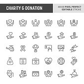 30 thin line icons associated with charity & donation. Symbols such as giving money, donating blood and other aid or relief related objects are included in this set. 48x48 pixel perfect vector icon & editable vector.