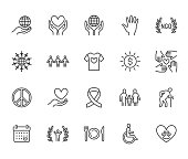 Charity flat line icons set. Donation, nonprofit organization, NGO, giving help vector illustrations. Outline signs for donating money, volunteer community. Pixel perfect 64x64. Editable Strokes.