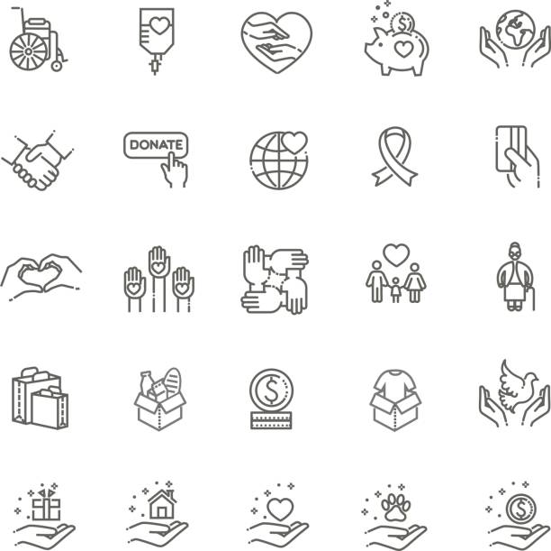 Charity - modern vector line design icons and pictograms set. Charity, donation and volunteering icon set in thin line style relief emotion stock illustrations