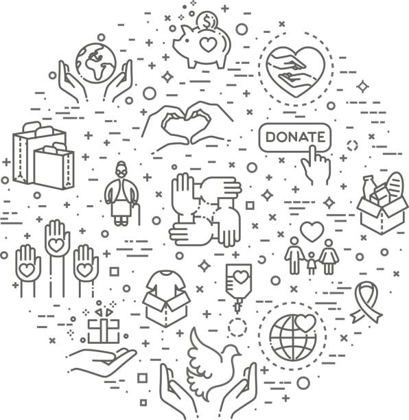 慈善組織-現代向 量線設計圖示和象形圖設置。 - 義工 插圖 幅插畫檔、美工圖案、卡通及圖標