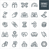 A set of charitable giving icons that include editable strokes or outlines using the EPS vector file. The icons include charitable donations, helping hand, giving money, family in need, philanthropists, donors, check, needy, fundraising, giving hope, assisting the needy and other related icons.