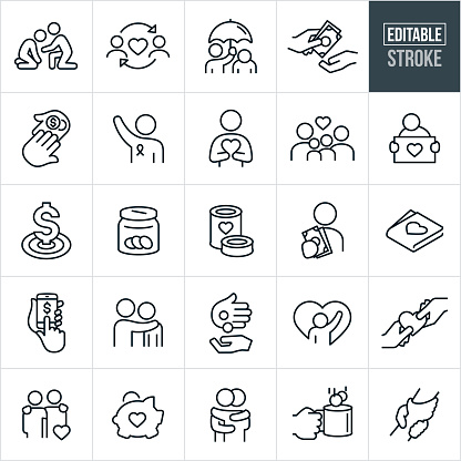 A set of charitable giving icons that include editable strokes or outlines using the EPS vector file. The icons include a poor person being assisted by another person, love given to the needy, an umbrella being held over a homeless person, cash being given to another person, volunteer with arm raised, family of four, homeless person holding a sign, fundraiser goal, money jar, canned food, person holding out cash, wallet with a heart, online donation, arm around shoulder, piggy bank, coins being dropped in a tin cup, clasped hands and others.