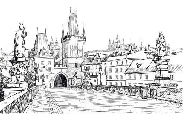 Charles Bridge Vector drawing of tower on end of Charles Bridge and St. Vitus Cathedral in Prague charles bridge stock illustrations