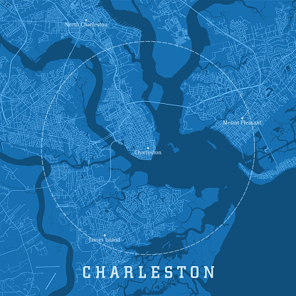 Charleston SC City Vector Road Map Blue Text. All source data is in the public domain. U.S. Census Bureau Census Tiger. Used Layers: areawater, linearwater, roads.
