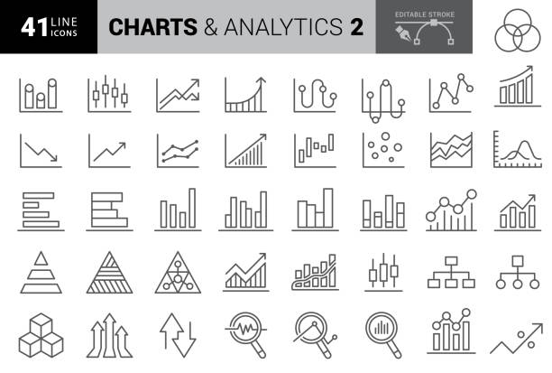 차트 및 다이어그램 선 아이콘입니다. 편집 가능한 스트로크. 픽셀 완벽한. 모바일 및 웹용. 원형 차트, 주식 시장 데이터, 조직 차트, 진행 보고서, 막대 그래프와 같은 아이콘이 포함되어 있습� - stock market stock illustrations