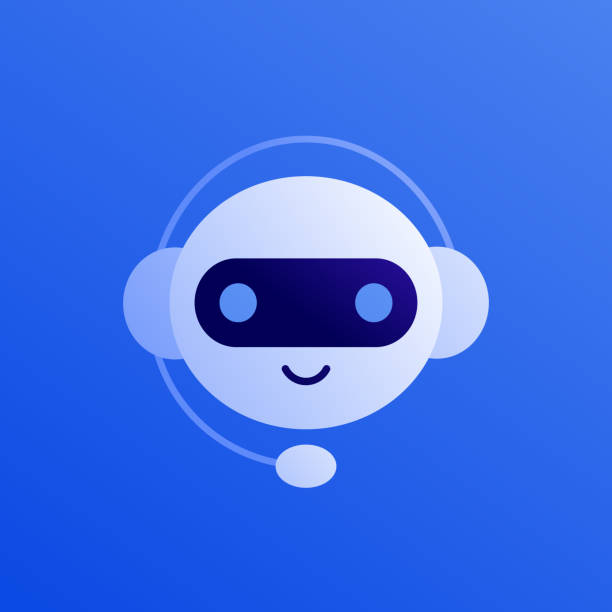 Chat bot ai and customer service support concept. Vector flat person illustration. Smiling robot in headphone on blue background. Design element for banner, web error page, logo. Chat bot ai and customer service support concept. Vector flat person illustration. Smiling robot in headphone on blue background. Design element for banner, web error page, logo. robot icons stock illustrations
