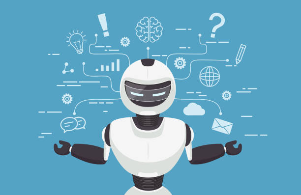 Chat bot, robot virtual assistance. Artificial intelligence conc Chat bot, robot virtual assistance. Artificial intelligence conc chatbot marketing stock illustrations