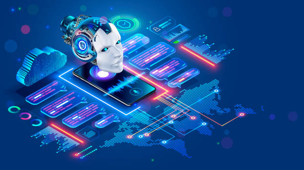 Chat bot with AI helping of users speakers of different languages. Online multilanguage support. App of Voice assistant on Phone. Robot on screen smartphone talk in messenger. Intelligence of chatbot vector art illustration