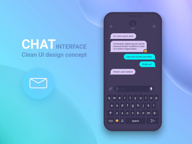 Chat Interface Application with Dialogue window. Clean Mobile UI Design Concept. Sms Messenger. Flat Web Icons Chat Interface Application with Dialogue window. Clean Mobile UI Design Concept. Sms Messenger. Flat Web Icons. Vector EPS 10 chatbot stock illustrations