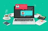 istock Chat messages on computer online vector illustration, flat cartoon workspace or working desk laptop pc with chatting bubble notifications, concept of people messaging on internet image 1161008145