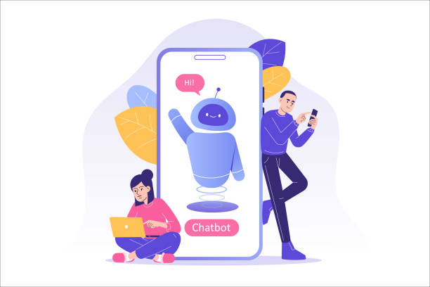 Chatbot ai and customer service concept. People talking with chat bot in a big smartphone screen. Chat bot virtual assistant via messaging. Customer support. Vector isolated illustration Chatbot ai and customer service concept. People talking with chat bot in a big smartphone screen. Chat bot virtual assistant via messaging. Customer support. Vector isolated illustration chatbot stock illustrations