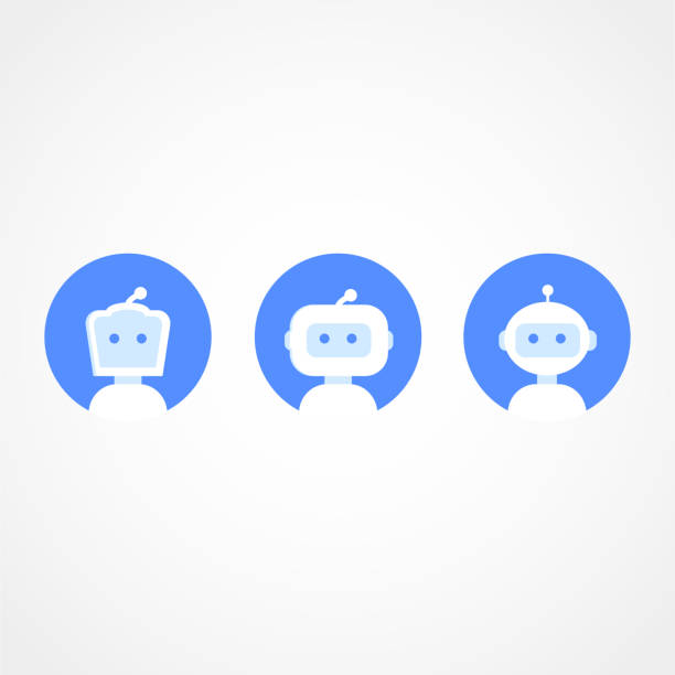 Chatbot icon set. Robot icon. Bot sign design. Chatbot symbol concept. Voice support service bot. Online support robot. Modern blue flat style cartoon character vector illustration. Chatbot icon set. Robot icon. Bot sign design. Chatbot symbol concept. Voice support service bot. Online support robot. Modern blue flat style cartoon character vector illustration. robot icons stock illustrations