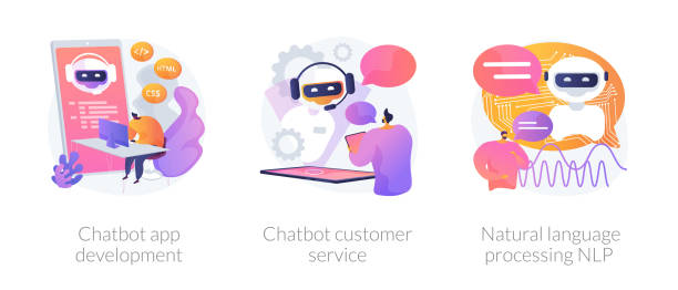Chatbot vector concept metaphors Chatbot icons set metaphors. Information engineering, artificial intelligence, chatbot app development. Customer service and language processing NLP. Vector isolated concept metaphor illustrations chatbot stock illustrations