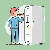 Cheat Meal And Healthy Lifestyle Concept. Young Man Is Eating Hot Dog From The Fridge. Male Character Is Cheating On His Diet, Eating Unhealthy Meal. Cartoon Linear Outline Flat Vector Illustration.