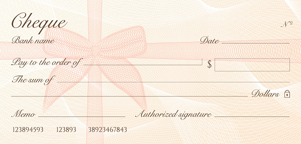 Check, Cheque (Chequebook template). Guilloche pattern with red bow watermark