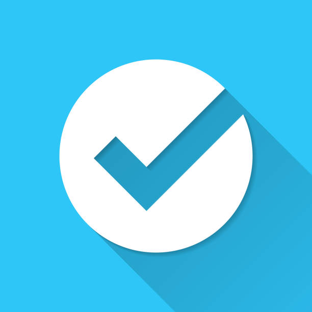 häkchen. icon auf blauem hintergrund - flat design mit langem schatten - checking stock-grafiken, -clipart, -cartoons und -symbole