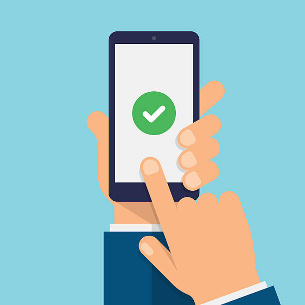 Check mark on smartphone screen - Modern Flat design illustration Hand holds the smartphone and finger touches screen. check mark illustrations stock illustrations