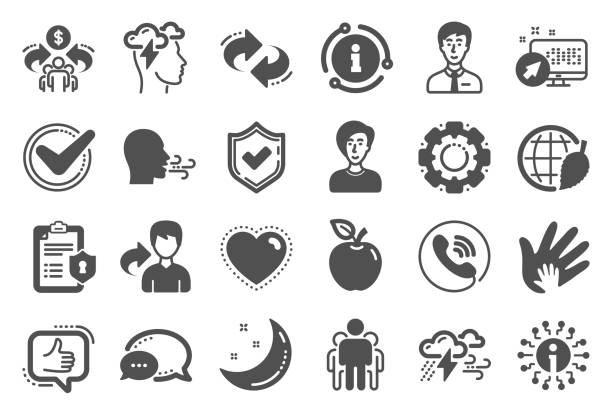 ilustrações de stock, clip art, desenhos animados e ícones de check mark, sharing economy and mindfulness stress icons. privacy policy. vector - social responsibility
