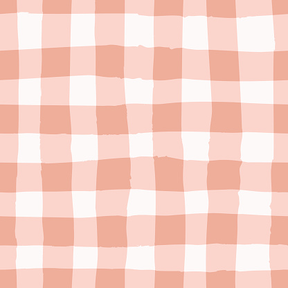 Checked pattern, gingham vector seamless repeat design background in peach and pink. Hand drawn textured lines.