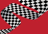 Checkered flag wave curve flying on red design sport race championship background vector illustration.
