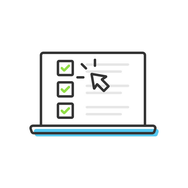Checklist and Tick on Laptop Screen Icon. Check Mark Browser Window and Choice, Survey Concepts Vector Design on White Background. Scalable to any size. Vector Illustration EPS 10 File. check mark illustrations stock illustrations