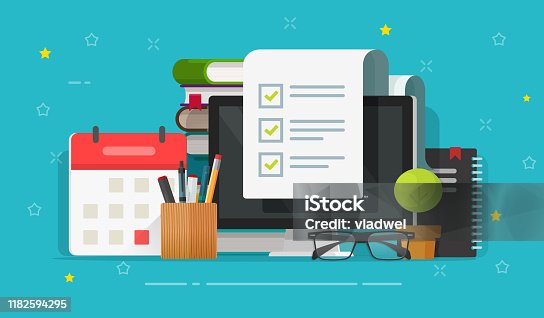 istock Checklist survey document on computer and working desk table vector, flat cartoon pc checkmarks exam paper form or to do list with checkboxes, online quiz or done test, education study workplace 1182594295