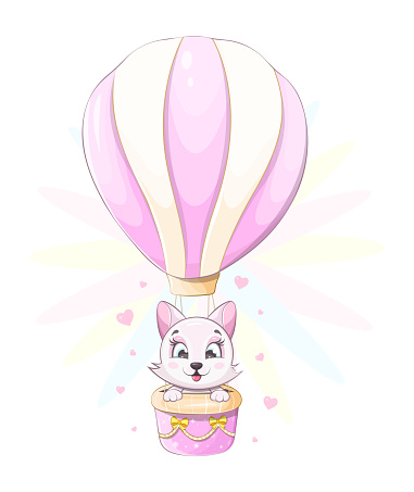 Cheerful and cute kitten is flying in a hot air balloon