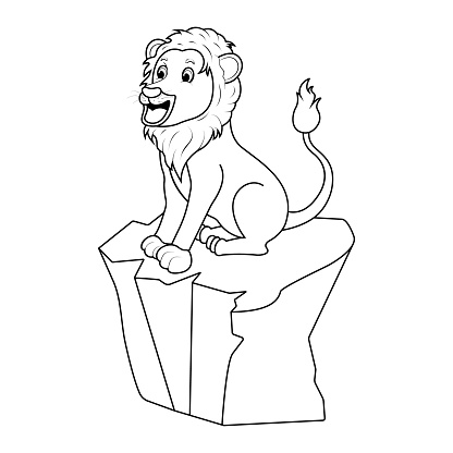 A cheerful and cute lion sits on a rock. Children's coloring page
