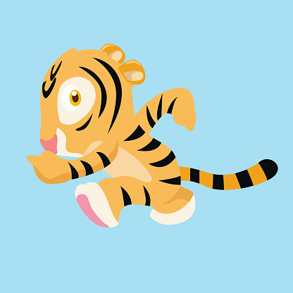 cheerful and happy walking tiger cub, cartoon character