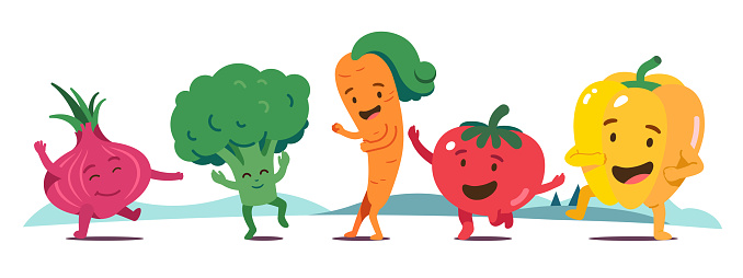 Cheerful animated vegetables cartoon characters dancing together set. Funny happy face fresh organic onion, broccoli, carrot, tomato, sweet pepper have fun. Healthy food characters vector illustration