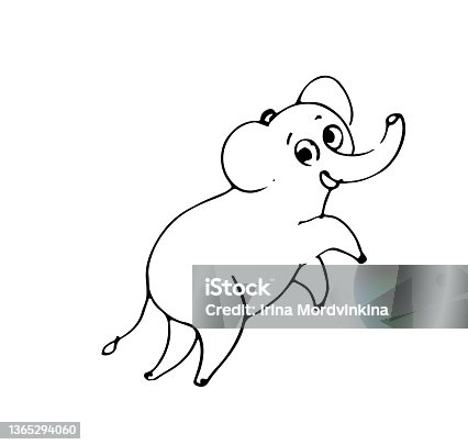 istock Cheerful cartoon elephant. Funny cute animal. Outline sketch. Hand drawing is isolated on a white background. Vector 1365294060