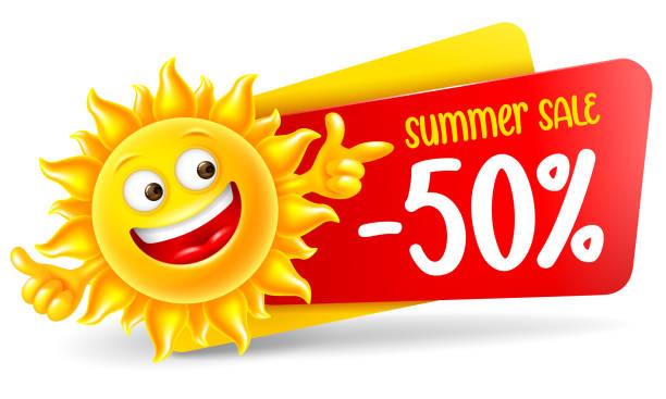 Cheerful Cartoon Sun Character Which Announce Summer Sale Cheerful sun character announce summer sale and discounts. Showing thumbs up and pointing finger, in front of sale banner, isolated on white. Bright cartoon element for advertising design. Vector. cartoon sun with sunglasses stock illustrations