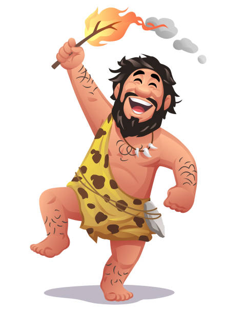 ilustrações de stock, clip art, desenhos animados e ícones de cheerful caveman with a burning branch - fire caveman