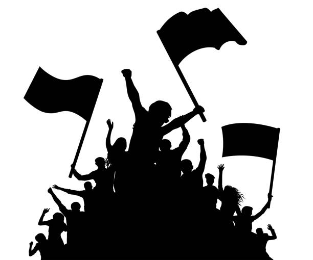 Cheerful crowd people silhouette. Crowd applauding. Fans dance concert, disco. Demonstration, protest. Sports fans with flags Cheerful crowd people silhouette. Crowd applauding. Fans dance concert, disco. Demonstration, protest. Sports fans with flags angry crowd stock illustrations