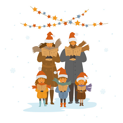 cheerful cute family, adults and kids singing christmas songs carols, isolated vector illustration scene