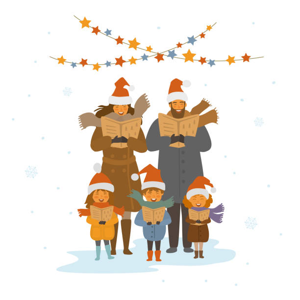 cheerful cute family, adults and kids singing christmas songs carols, isolated vector illustration scene cheerful cute family, adults and kids singing christmas songs carols, isolated vector illustration scene christmas carolers stock illustrations