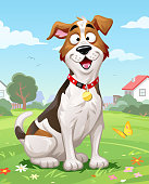 Vector illustration of a cheerful dog with its mouth open sitting in the meadow, looking at the camera. In the background are hills, trees, bushes, houses and a 
cloudy blue sky.