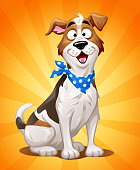 Vector illustration of a cheerful Jack young dog with a blue neckerchief, looking at the camera in front of a shiny orange background.