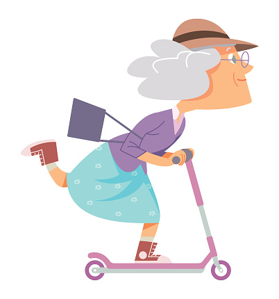 Cheerful elderly woman rides a scooter