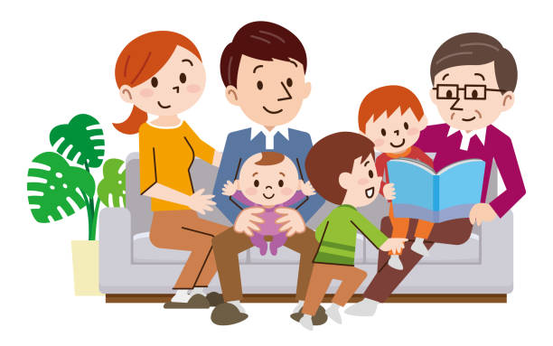 illustrations, cliparts, dessins animés et icônes de joyeuse famille à la maison assis dans le canapé - senior portrait fullbody